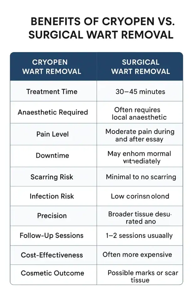 Table showing the benefits of cryopen to remove warts Herne Bay compared to surgical treatment